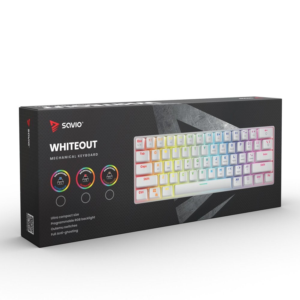 Tastierë mekanike Gaming Savio WHITEOUT, USB, Outemu Blue RGB, e bardhë