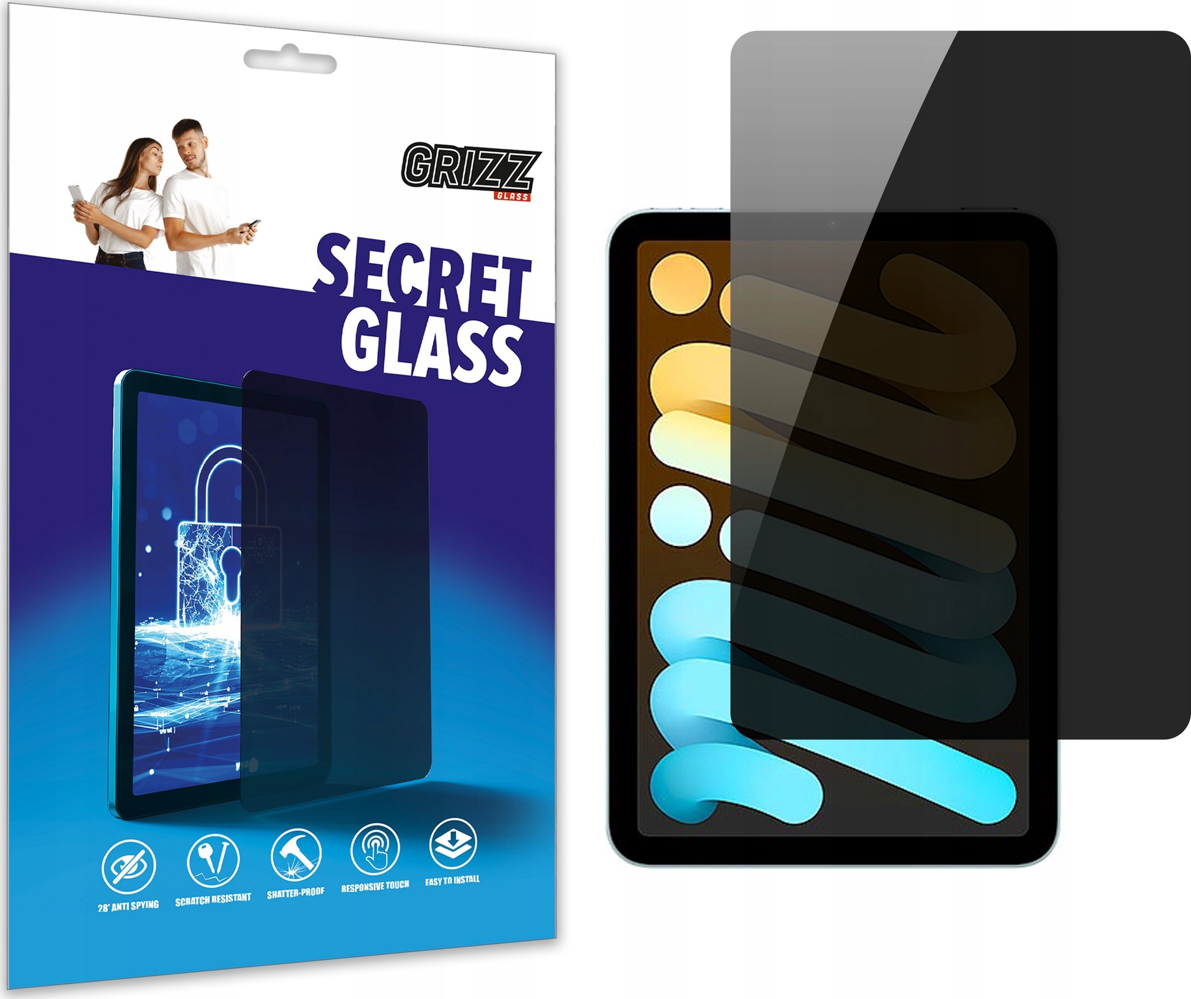 Заштитно стакло со приватност Grizz SecretGlass за Apple iPad Mini 8.3" 2024, керамичко стакло, висока транспарентност