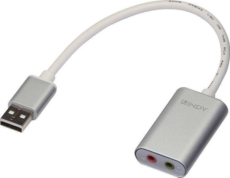 Kabllo konvertuese audio Lindy USB A në 3.5mm, hyrje kufje dhe mikrofon, gri metalike