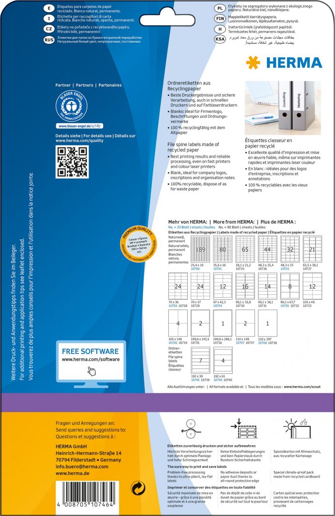 Etiketa shpine dosjeje HERMA Recycling, 192 x 61 mm, 20 fletë, e bardhë natyrale