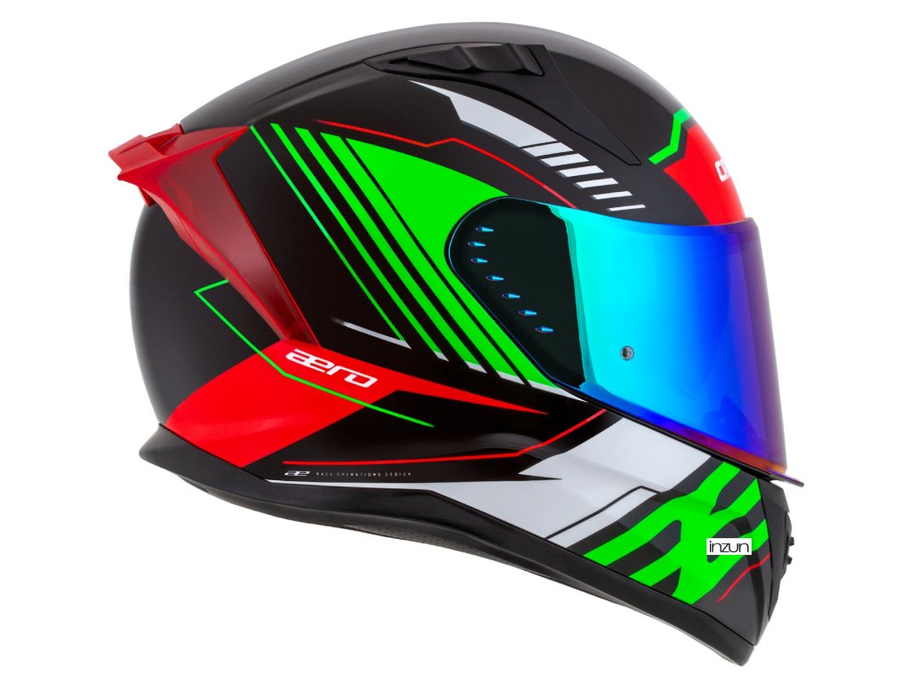 Kaskë moto CASSIDA Aero Drome 2026, integrale, vizor dielli, e zezë metalike kuqe gjelbër bardhë