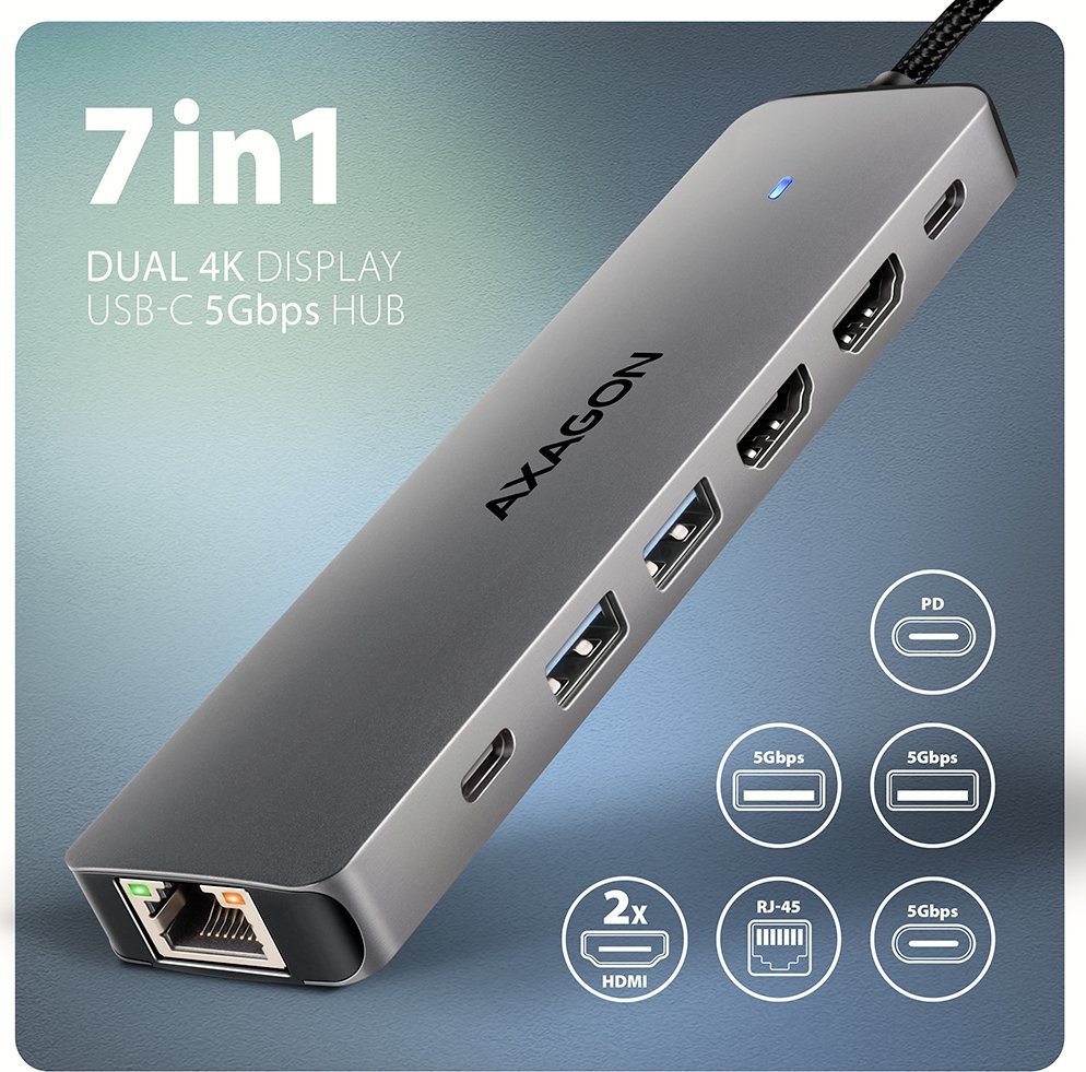 USB hub AXAGON HMC-7HX2, 2x HDMI 4K, Power Delivery 100W, argjend