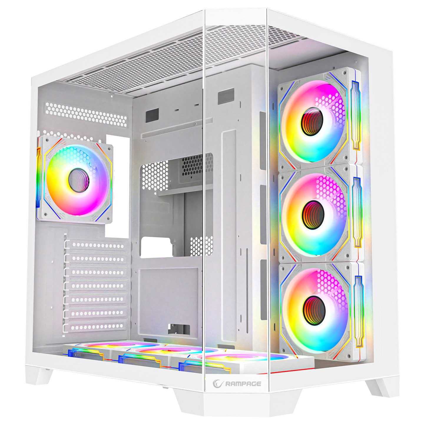 Kasa Gaming Rampage Mega V1 me PSU 850W – 80+ Bronze, Tempered Glass, 4×120mm ARGB, E Bardhë