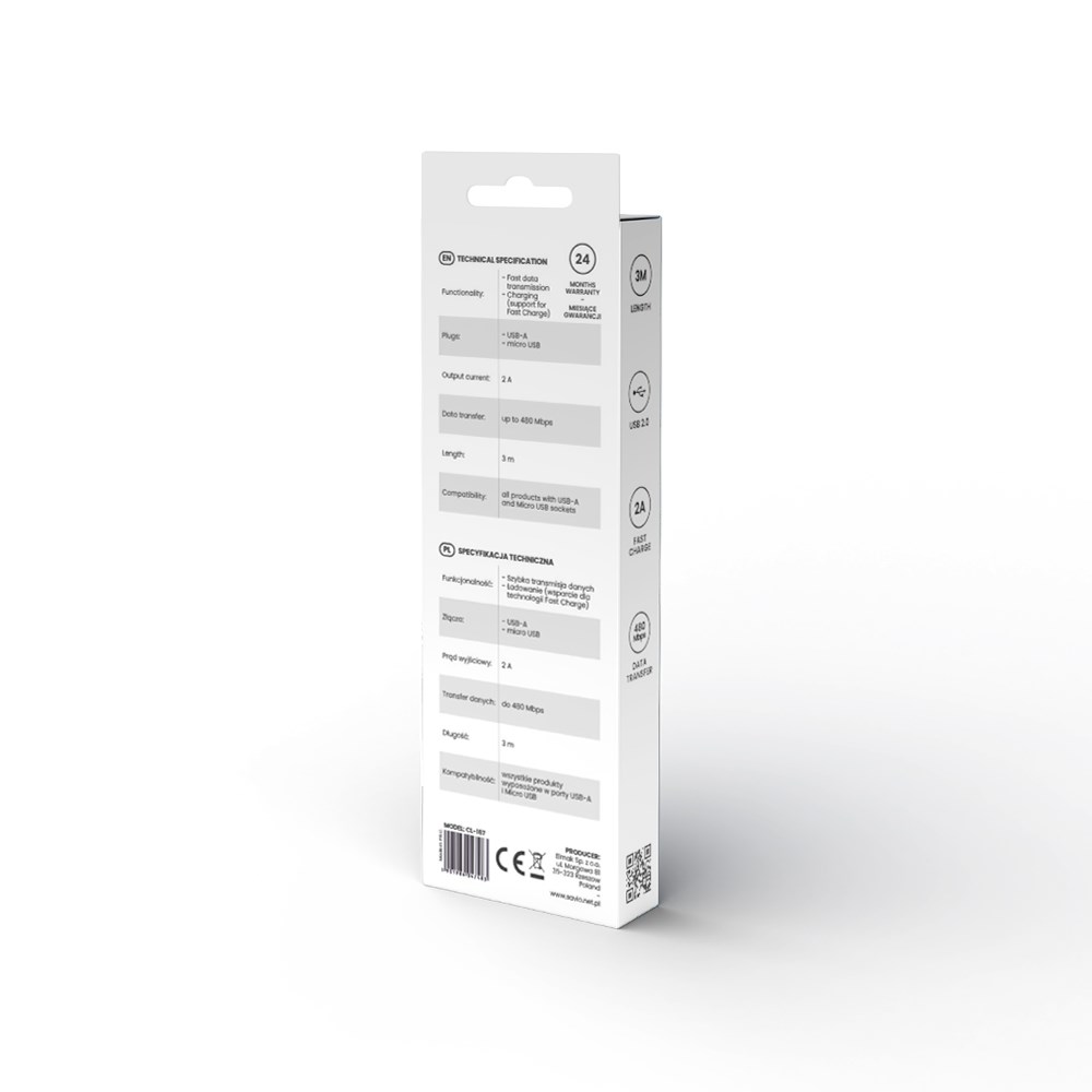 Kabllo Savio, USB A / Micro-USB, 3 m, e bardhë