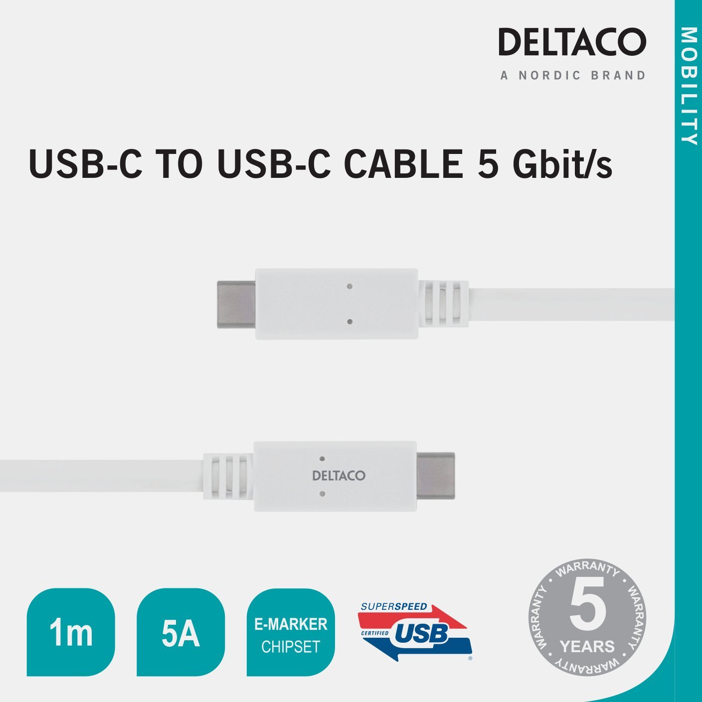 Кабел USB Дeltaco USB-C во USB-C USBC-1502M, 1 m, USB 3.2 Gen 1, бел