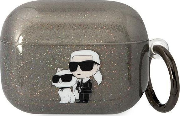 Mbulesë Karl Lagerfeld KLAPHNKCTGK për AirPods Pro, koleksioni Glitter Karl and Choupette, e zezë me shkëlqim