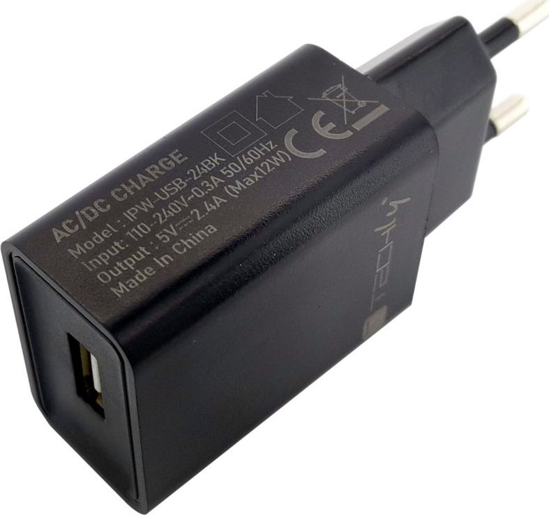Полнач за ѕид Techly IPW-USB-24BK, 1x USB A 2.4A 12W, универзален, црн