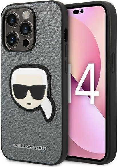Mbulesë telefoni Karl Lagerfeld Saffiano Karl Head Patch, për iPhone 14 Pro 6.1", silver