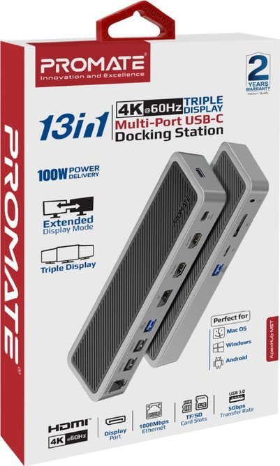 Docking station ProMate ApexHub-MST 13in1, USB-C, HDMI DisplayPort LAN, gri