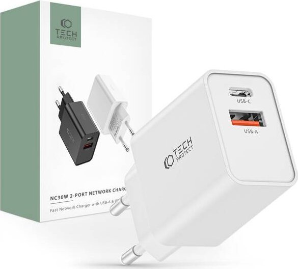 Karikues rrjeti Tech-Protect NC30W, 2 porta, PD 30W QC 3.0, i bardhë