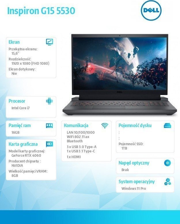 Laptop Dell G15 5530, 15.6", Intel Core i7-13650HX, 16GB RAM, 1TB SSD, Nvidia GeForce RTX 4060