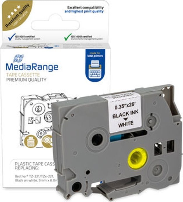 Kasetë etiketime MediaRange TZ-221 TZe-221, 9mm x 8m, plastikë, shkrim i zi në sfond të bardhë