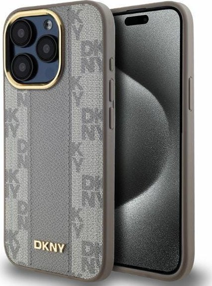 Mbulesë telefoni DKNY, për iPhone 15 Pro Max, MagSafe, lëkurë sintetike me kuadrate, bezhë
