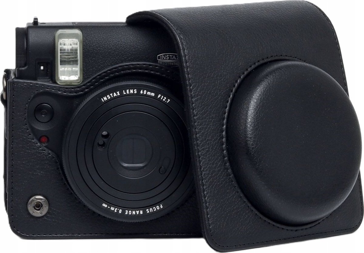 Çantë mbrojtëse LoveInstant për Fujifilm Instax Mini 99, imitim lëkure, me rrip, e zezë