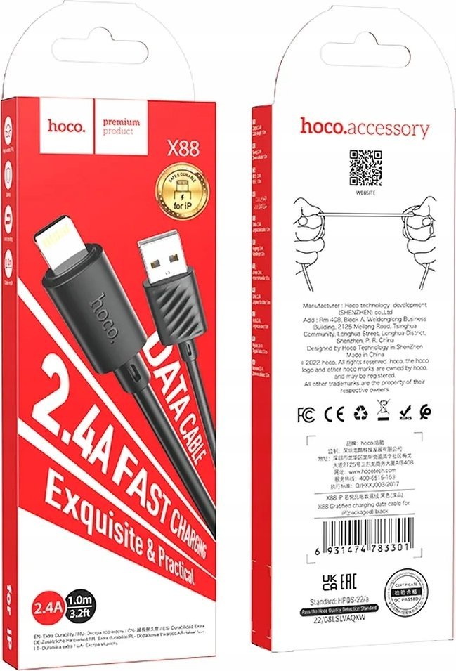 Kabllo Hoco X88 USB A në Lightning, 2.4A, 1m, e zezë