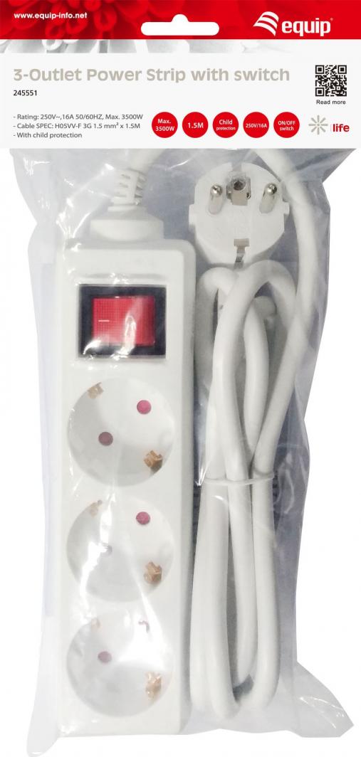 Kabllo vazhdues Equip, 3 priza, 1.5 m, e bardhë (245551)