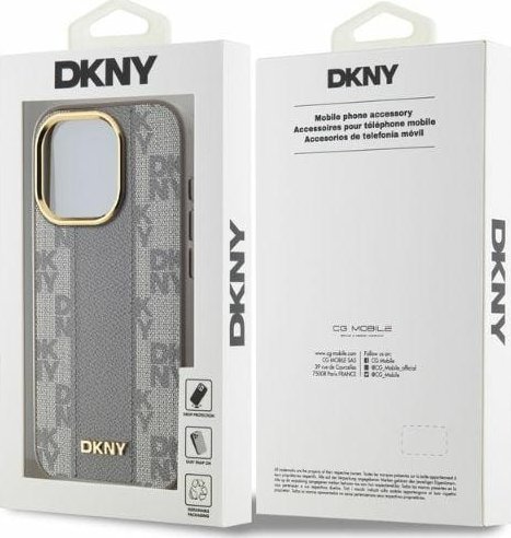 Mbulesë telefon DKNY PU Leather MagSafe për iPhone 15 Pro, dizajn me kuadrate, ngjyrë bezhë