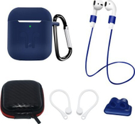 Set aksesorësh për AirPods 1 2, husë silikoni me karabinë, varëse qafe, blu e zezë e bardhë