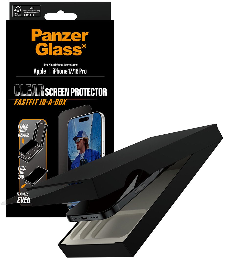 Мрежа за заштита на екран PanzerGlass за iPhone 17 и iPhone 16 Pro, Ultra Wide Fit, FASTFIT in a Box, проѕирна