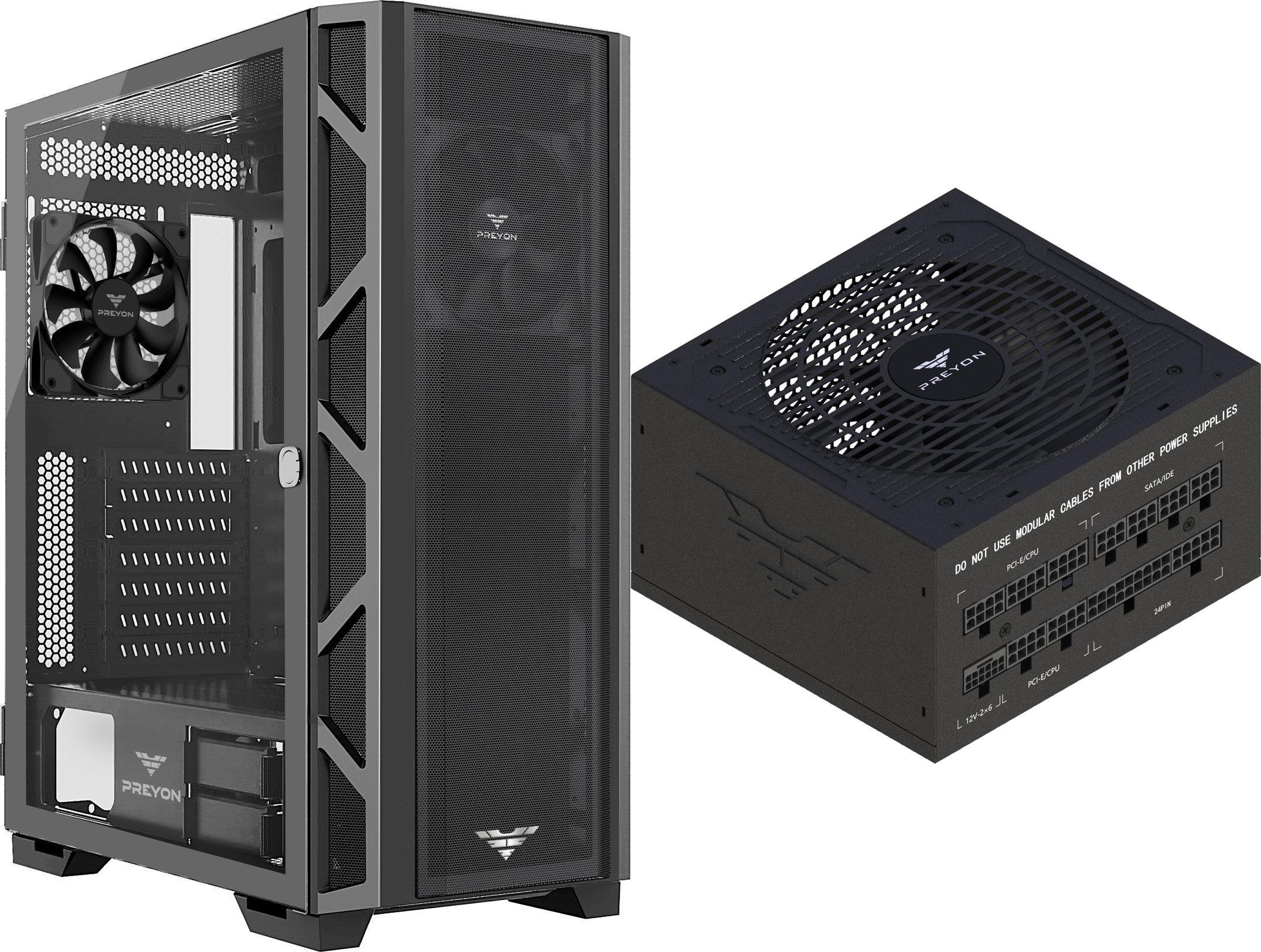 Кутиште за компјутер PREYON Nest Meshy PRENM02B, Midi Tower, страничен панел со прозорец, црно