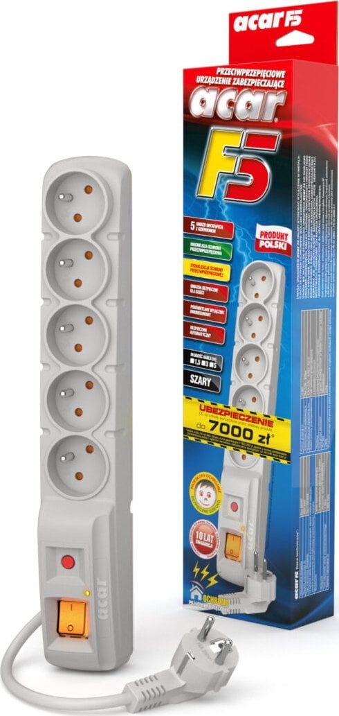 Mbrojtës nga mbingarkesa Acar F5, 5 priza, 1.5m, i hirtë (ACARF51N)