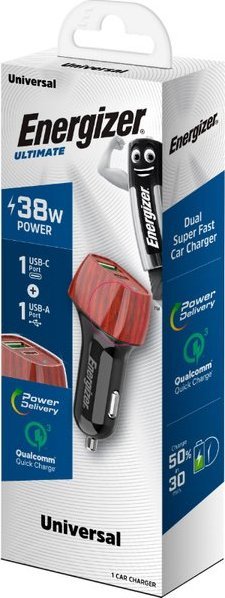 Ngarkues veture Energizer Ultimate Charger, 38W, USB C PD dhe USB A QC3.0, ngjyrë walnut