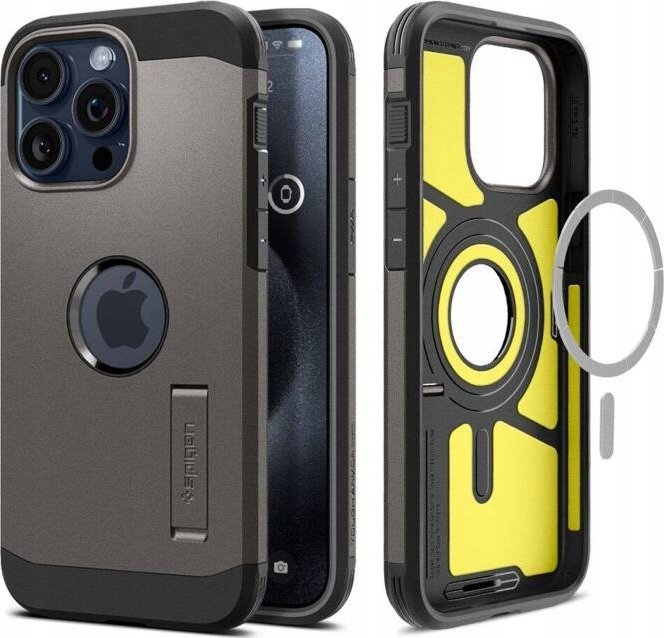 Mbajtëse telefoni Spigen Tough Armor MagFit për iPhone 16 Pro Max, me kickstand, kompatibile MagSafe, gri metalike