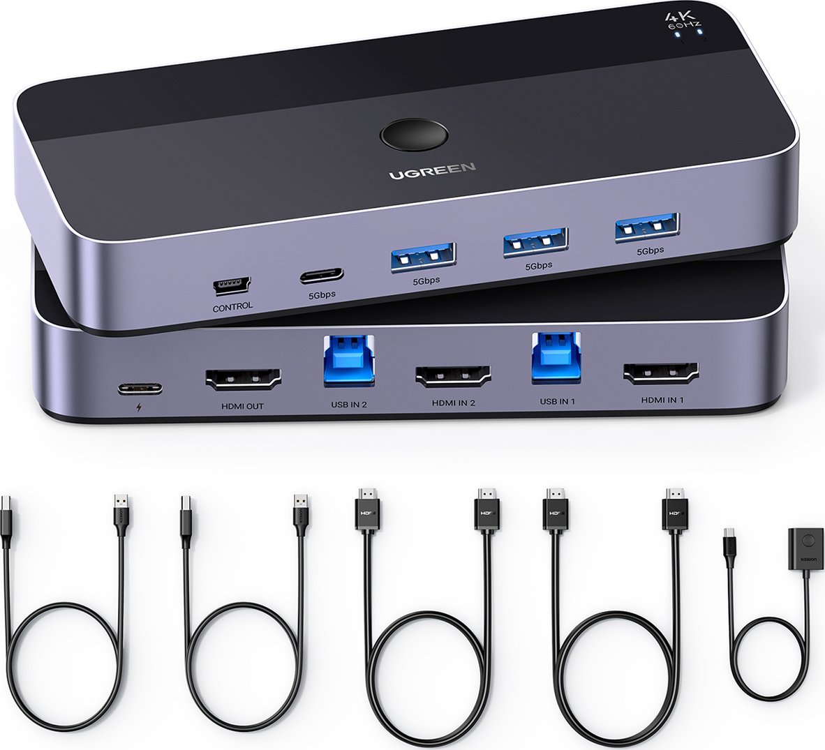 Прекинувач KVM Ugreen CM664, 2 PC на 1 монитор, 4 порти USB 3.0, 4K 60Hz