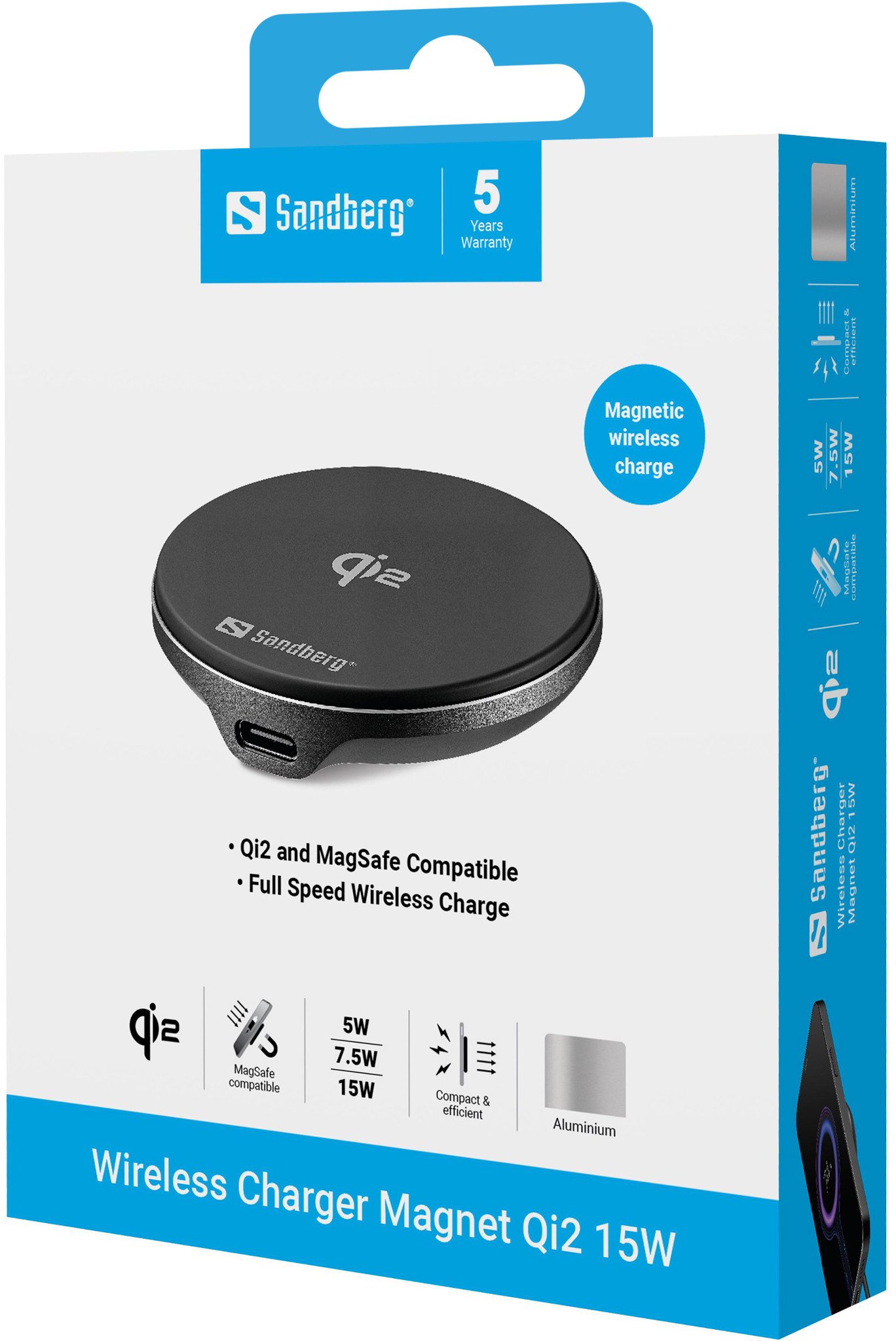 Karikues wireless Sandberg Magnet Qi2, 15W, MagSafe, alumini