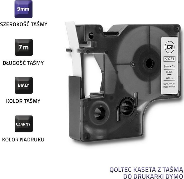 Shirit Qoltec për DYMO D1 40913, 9mm x 7m, i bardhë / i zi