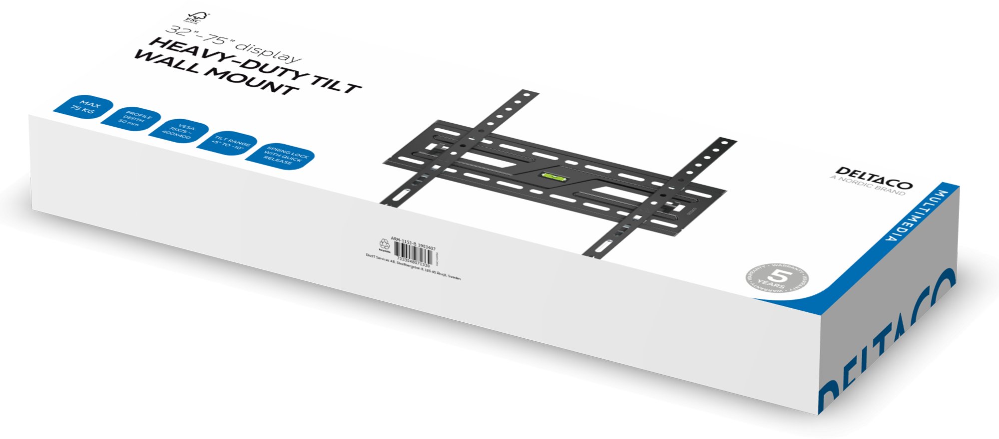 Mbajtëse muri Deltaco ARM-0254, 32"-75", 75 kg, e zezë