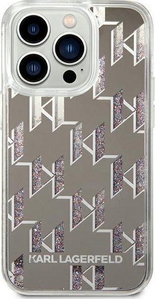Kallëp telefoni Karl Lagerfeld për iPhone 14 Pro 6.1", hardcase Liquid Glitter Monogram, argjendtë