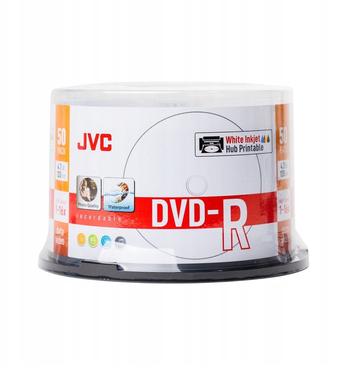 Disqe DVD-R JVC, 4.7GB, 16X, inkjet të printueshme, photo glossy, rezistente ndaj ujit, paketo 50 copë