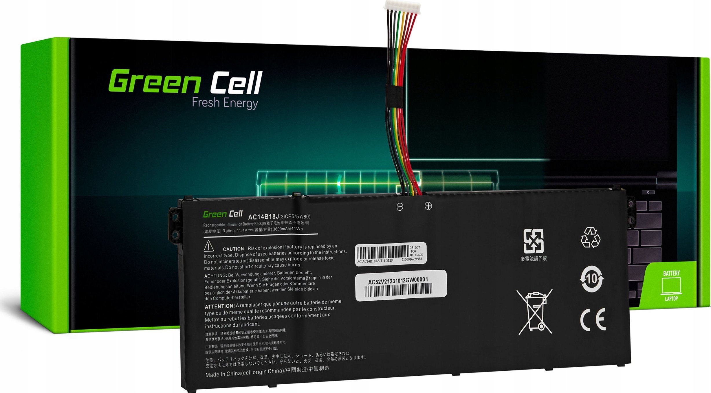 Bateri laptopi Green Cell GC-AC52V2, 11.4V, 3600mAh, për Acer Aspire 3