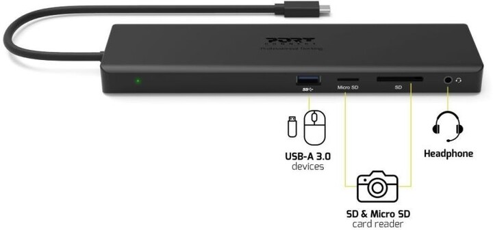 Docking station PORT CONNECT 11në1, 1x4K, RJ45, HDMI, Display Port, VGA, USB-C 100W, 4xUSB-A, micro / SD, i zi