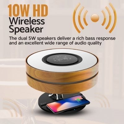 Llambë tavoline Promate Mirth, altoparlant Bluetooth, karikues wireless 10W, me orë digjitale, ngjyrë dru