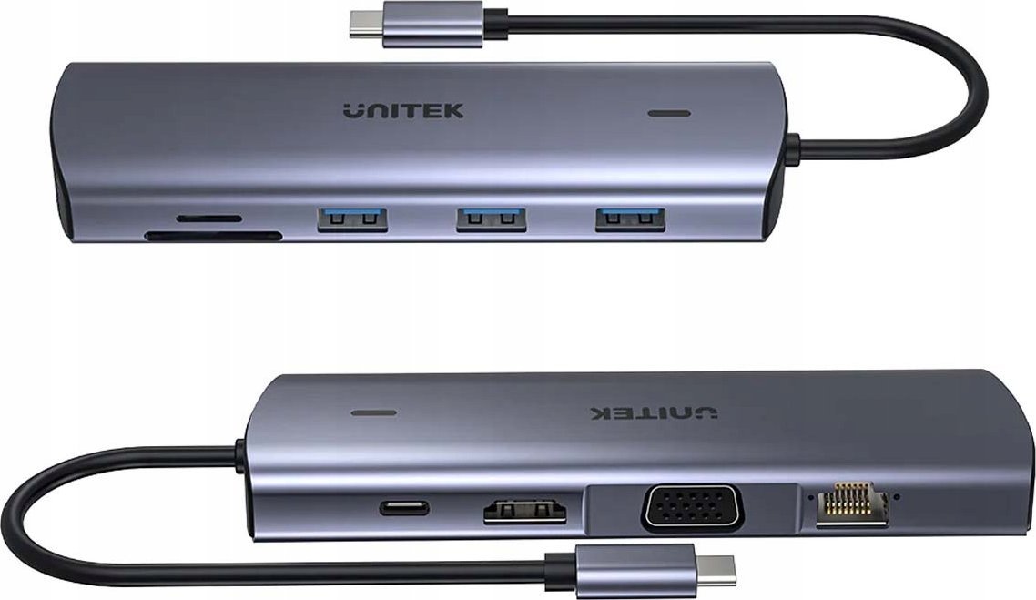 Hub USB C Unitek 9in1, HDMI VGA, Gigabit Ethernet, gri