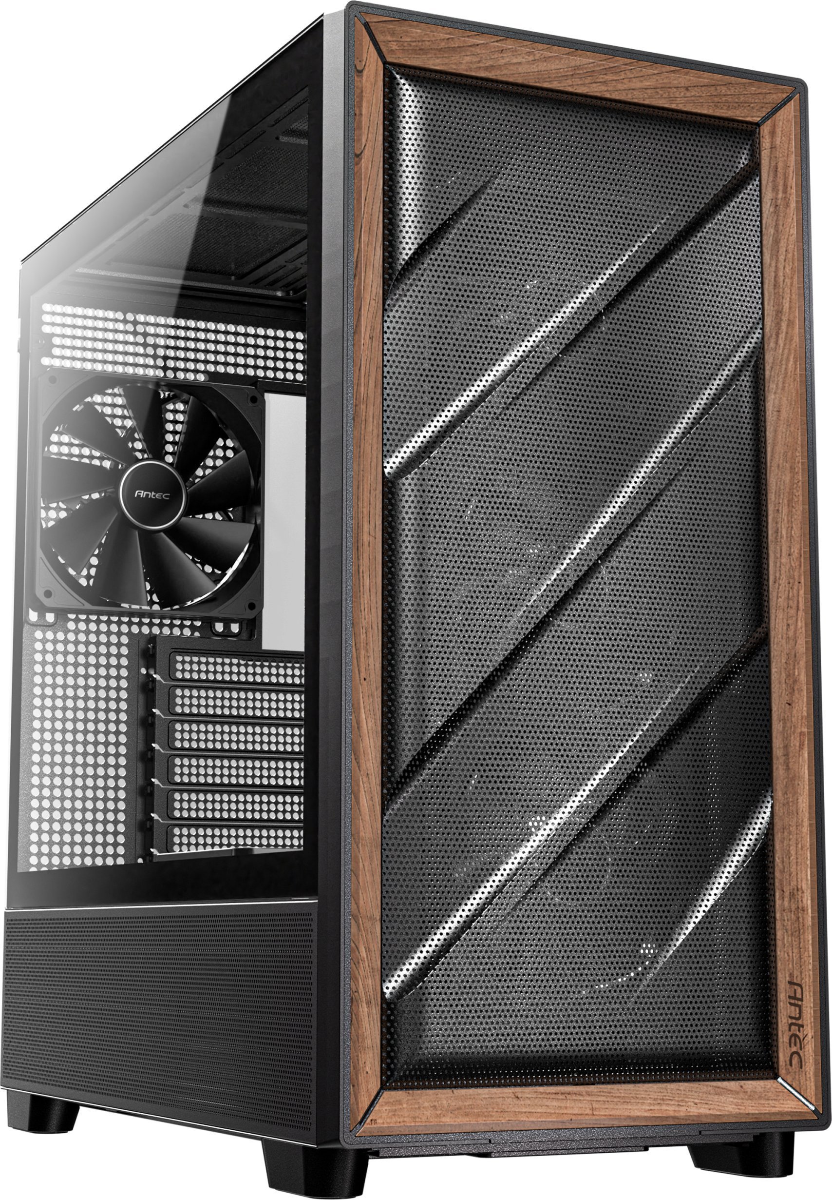 Куќиште за компјутер Antec Dark League DF700 Flux, MIDI Tower, ARGB, црно со оревово дрво
