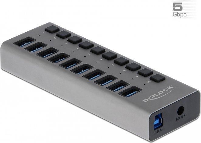 HUB USB Delock 10 porta, USB 3.2 Gen 1, alumini, gri