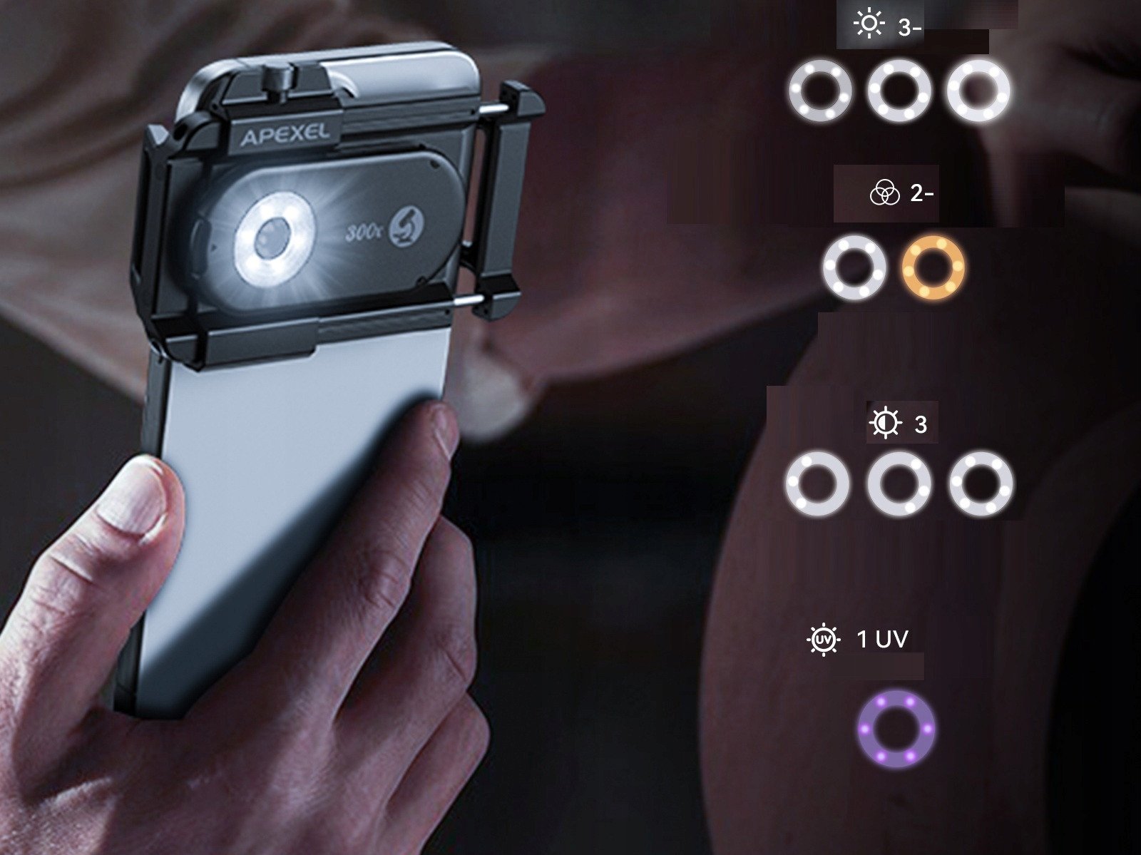 Lentë mikroskopike për telefon Apexel APL-MS300, 300x, LED me filtër CPL, e zezë