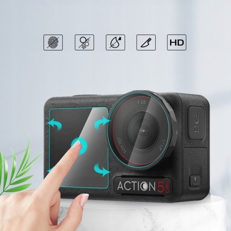 Сет заштитно стакло PULUZ PU958T SB9461 за DJI Osmo Action 5 Pro, 2x заштита за екран, заштита за леќа, транспарентно