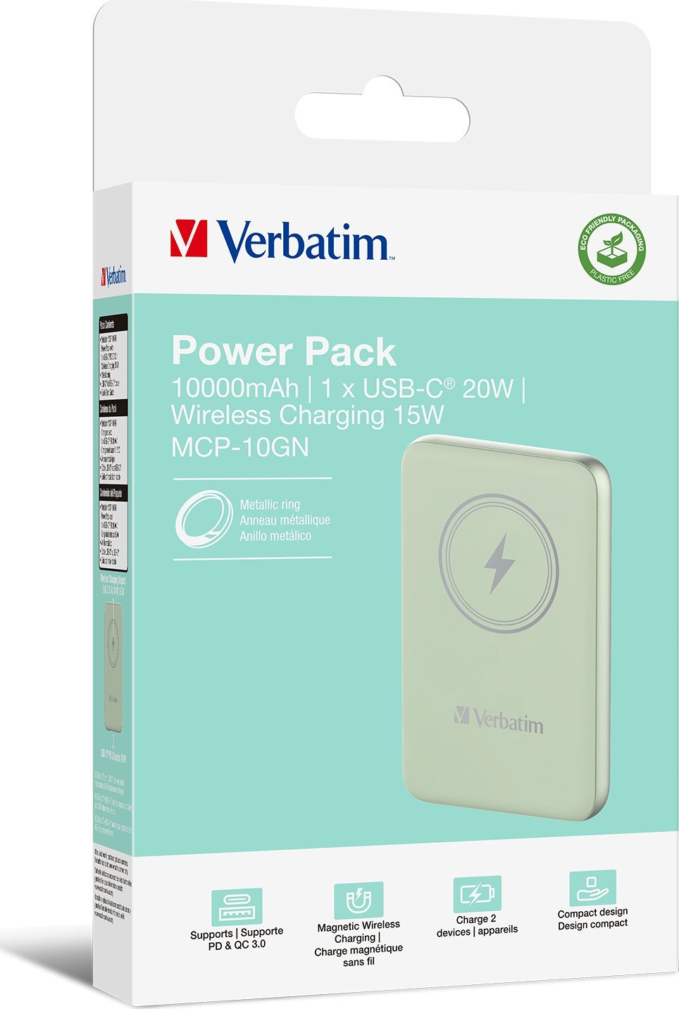 Power bank Verbatim Charge n Go Magnetic, 10000mAh, karikim wireless 15W, i gjelbër