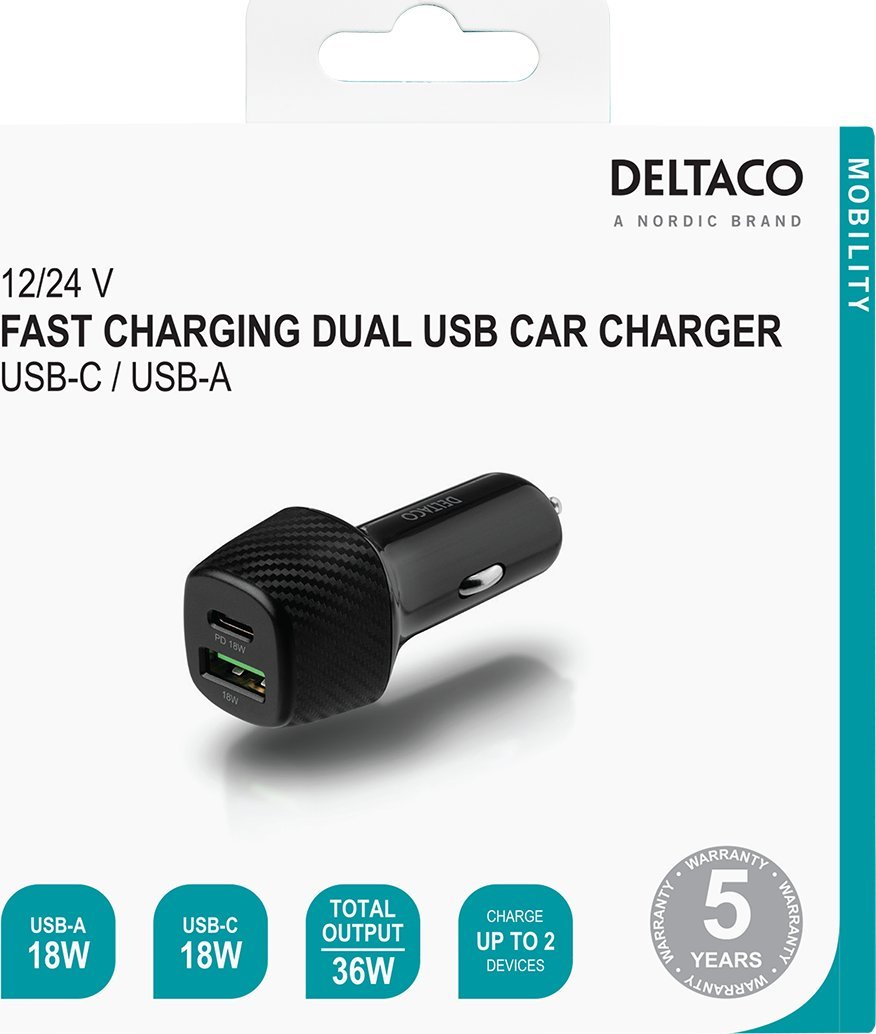 Karikues veture DELTACO, USB C PD 18W, 1x USB, i zi
