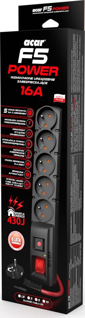 Acar F5 Power Лента за Приклучоци, Црна, 10 м