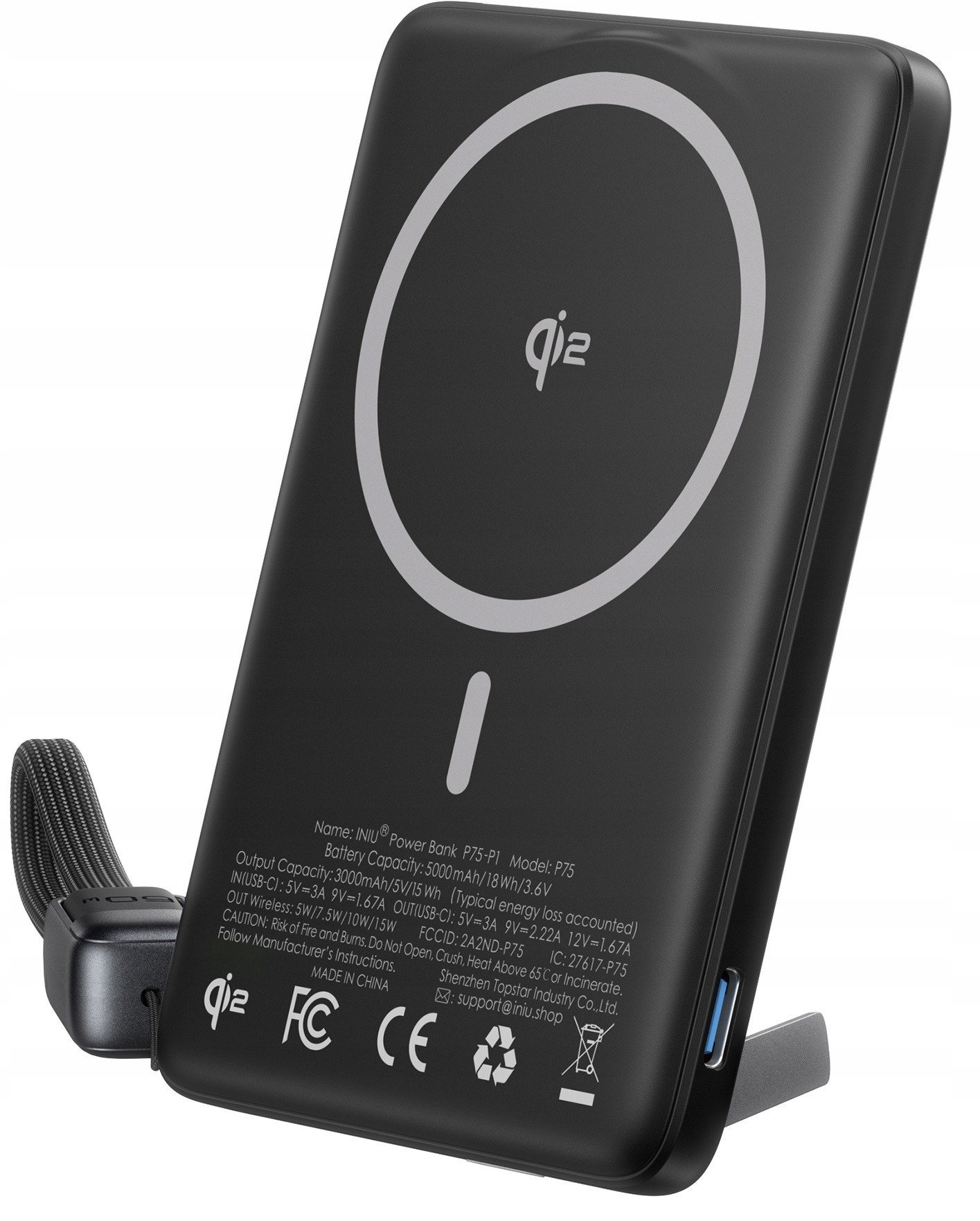 Power bank Iniu MagPro Ultra Slim, 5000mAh, 20W USB C PD со Qi2 и MagSafe, црна