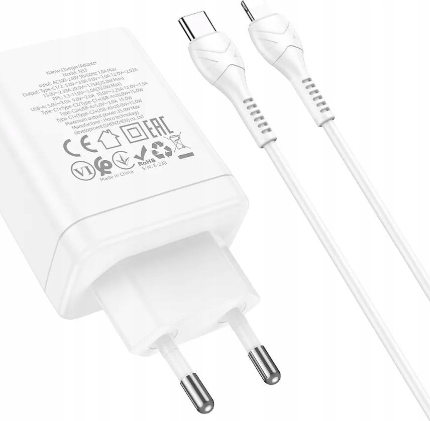 Karikues muri Hoco Mains Charger, 2x Type C, USB A, PD QC 3.0, me kabllo USB C në Lightning, i bardhë