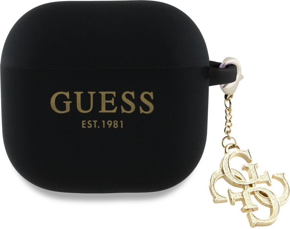 Mbulesë silikoni Guess GUA4LECG4K për AirPods 4, me charm, e zezë