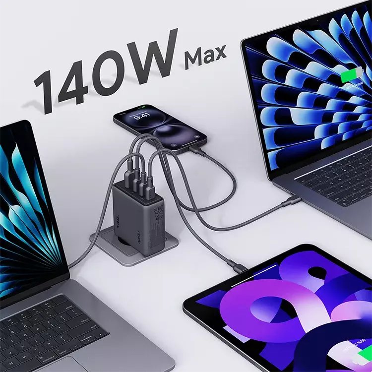 Karikues USB Aukey Comet Mix 4 140W, 3x USB C, 1x USB A, gri