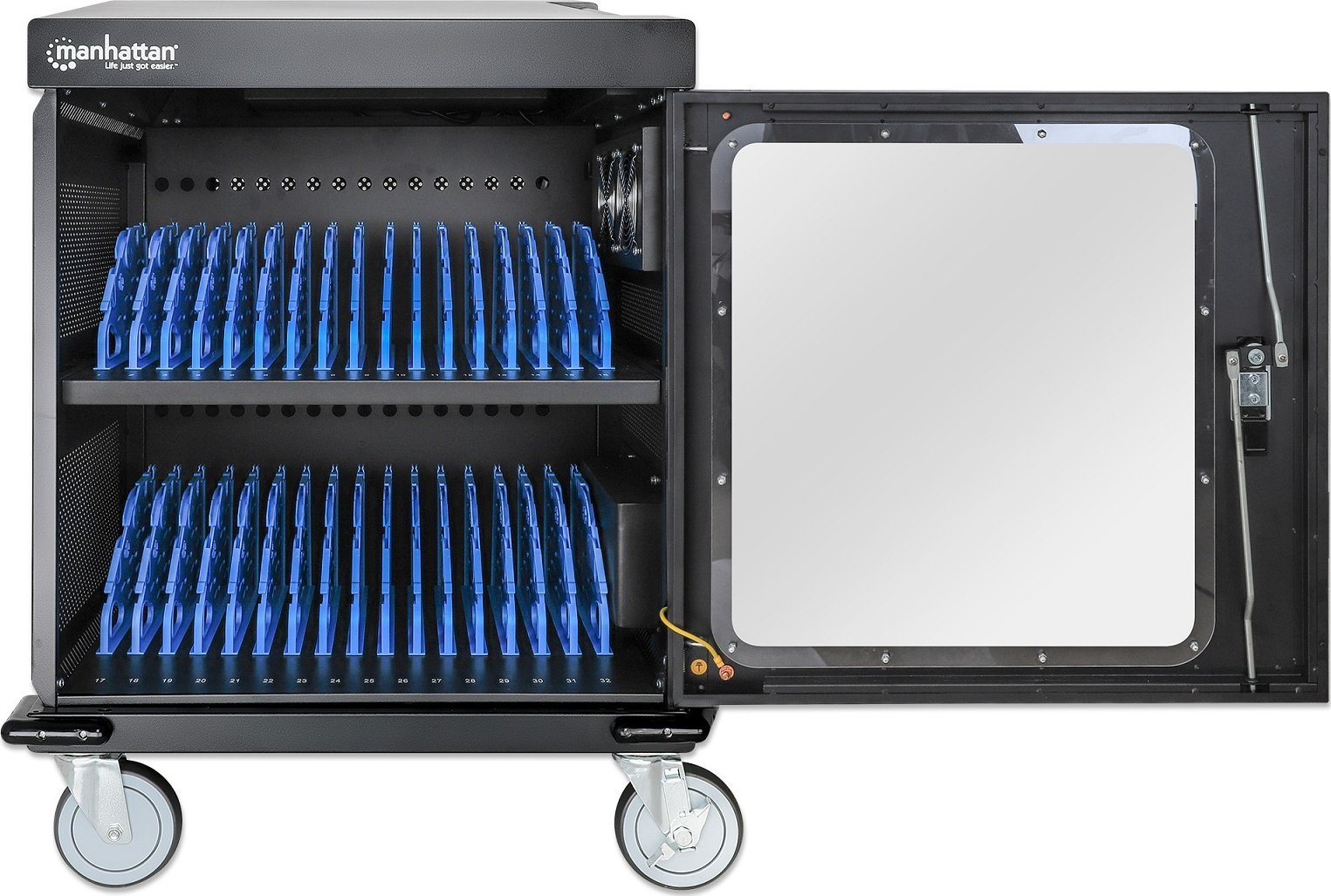 Karrocë karikimi Manhattan, për 32 pajisje, për laptopë deri 15.6", e zezë