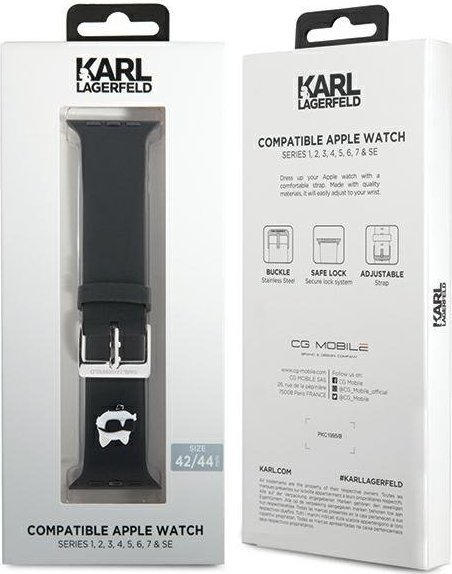 Rrip ore Karl Lagerfeld për Apple Watch, 42/44/45mm dhe Ultra, gome, i zi